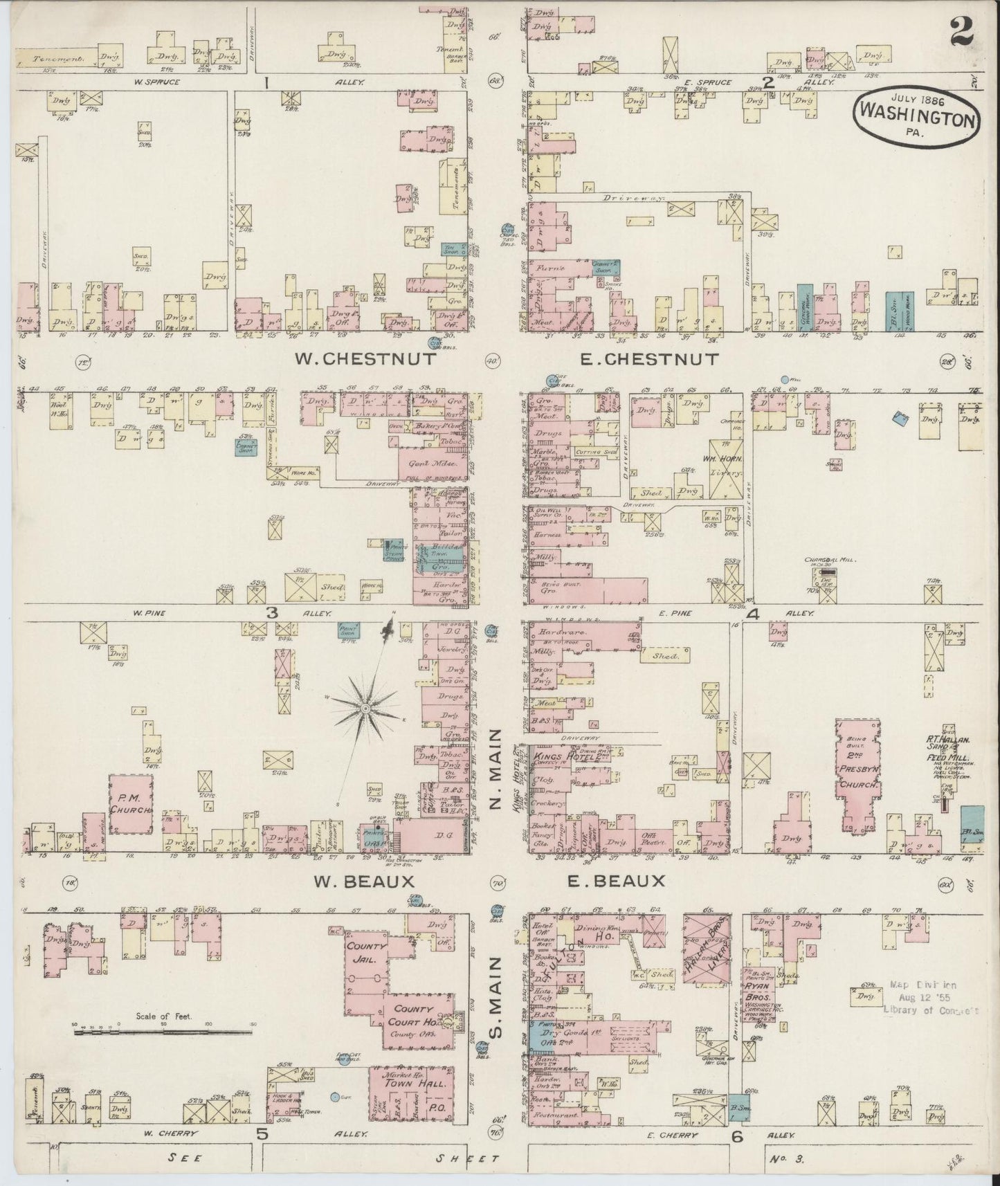 Sanborn Fire Insurance Map from Washington, Washington County, Pennsylvania (1886), Sheet #0002 - Historic Sanborn Fire Insurance Map Print, vintage old map wall art, antique decor, genealogy gift, Sanborn Fire Insurance Map from Washington Washington map