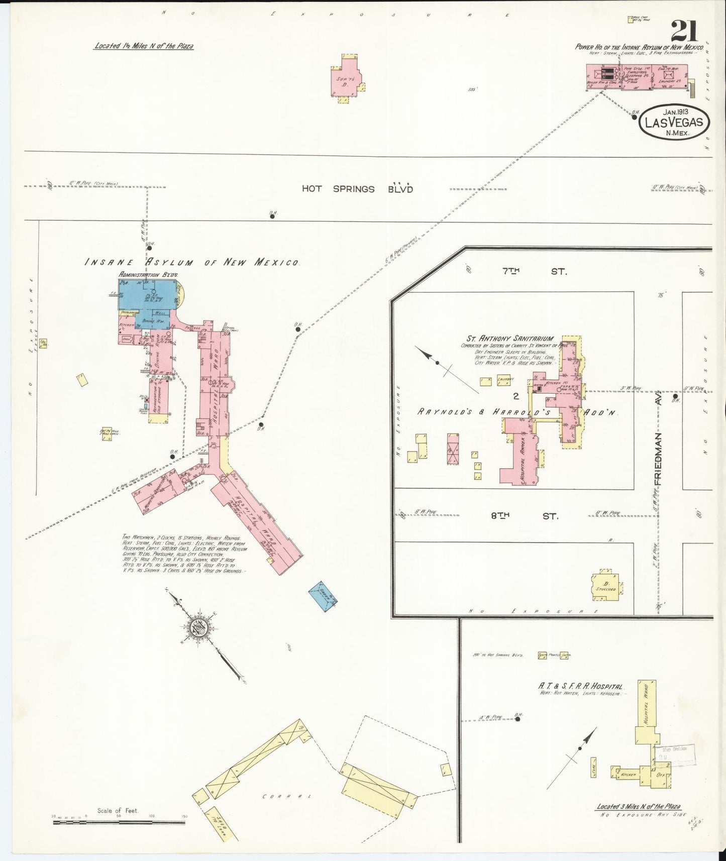 Sanborn Fire Insurance Map from Las Vegas, San Miguel County, New Mexico (1913), Sheet #0021 - Historic Sanborn Fire Insurance Map Print, vintage old map wall art, antique decor, genealogy gift, New Mexico New Mexico map
