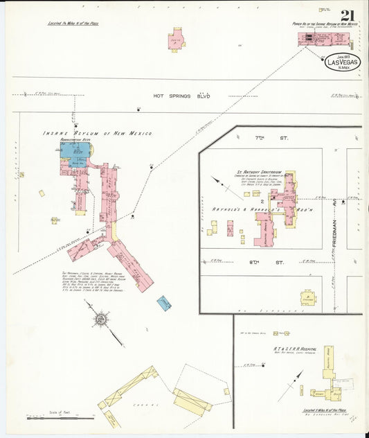 Sanborn Fire Insurance Map from Las Vegas, San Miguel County, New Mexico (1913), Sheet #0021 - Historic Sanborn Fire Insurance Map Print, vintage old map wall art, antique decor, genealogy gift, New Mexico New Mexico map