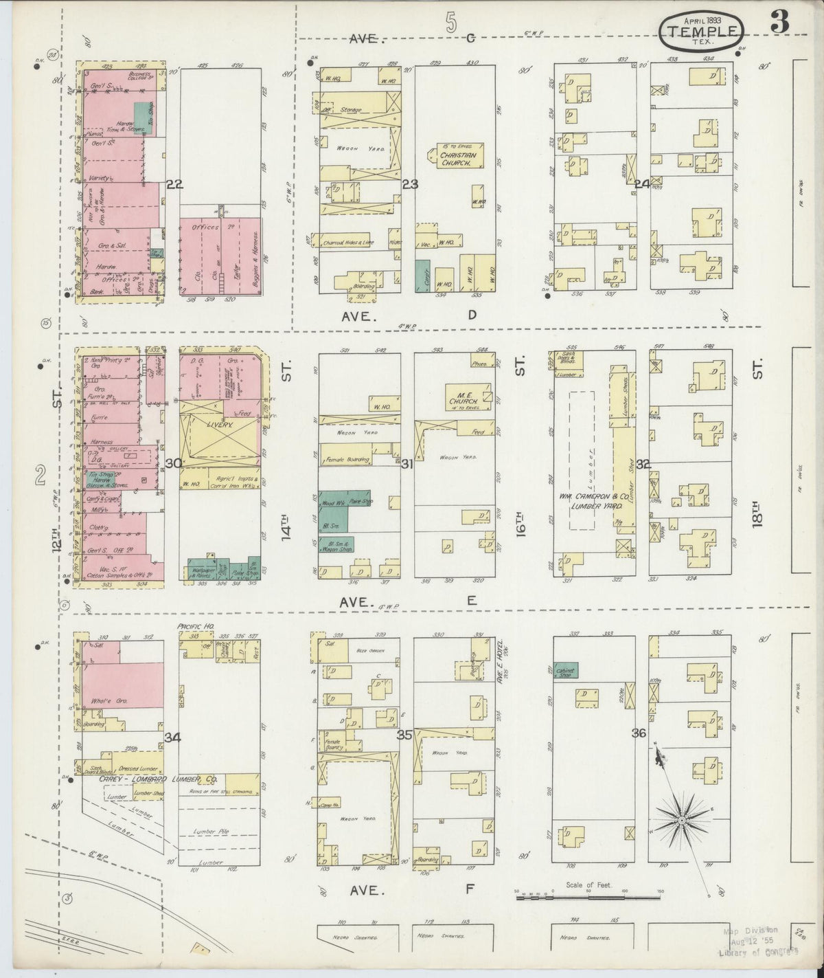 Sanborn Fire Insurance Map from Temple, Bell County, Texas (1893), Sheet #0003 - Complete Map Set gallery image, historic Sanborn map, vintage wall art, Texas Texas