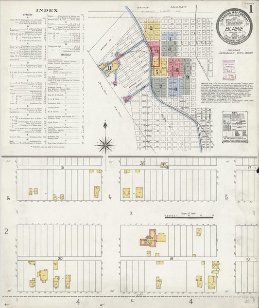 Sanborn Fire Insurance Map from Blaine, Whatcom County, Washington (1907), Sheet #0001 - Historic Sanborn Fire Insurance Map Print, vintage old map wall art, antique decor, genealogy gift, Washington Washington map