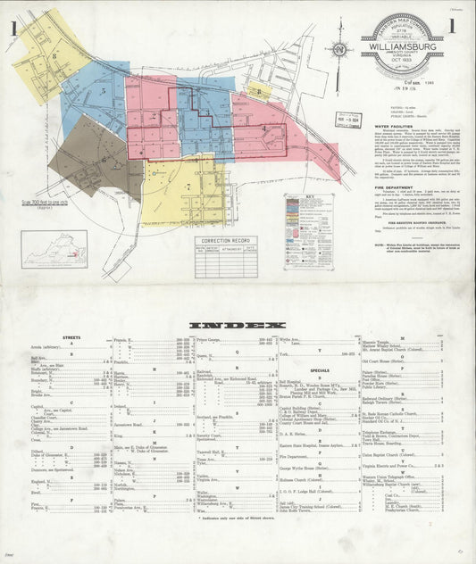 Sanborn Fire Insurance Map from Williamsburg, Independent Cities, Virginia (1933), Sheet #0001 - Complete Map Set gallery image, historic Sanborn map, vintage wall art, Virginia Virginia