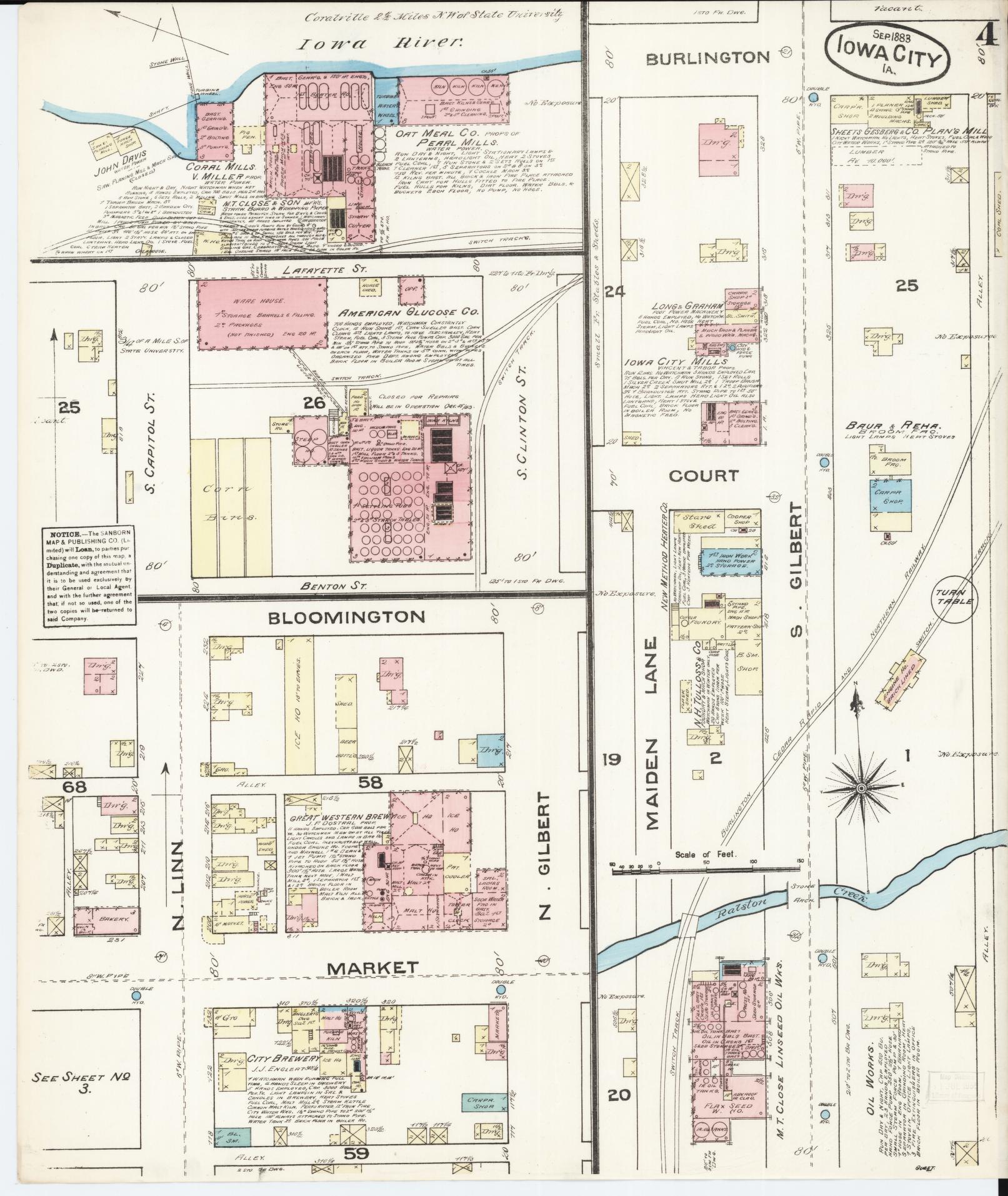 Sanborn Fire Insurance Map from Iowa City, Johnson County, Iowa (1883), Sheet #0004 - Historic Sanborn Fire Insurance Map Print, vintage old map wall art