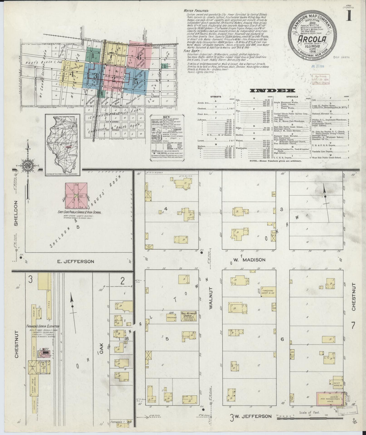 Sanborn Fire Insurance Map from Arcola, Douglas County, Illinois (1914), Sheet #0001 - Historic Sanborn Fire Insurance Map Print, vintage old map wall art, antique decor, genealogy gift, Illinois Illinois map