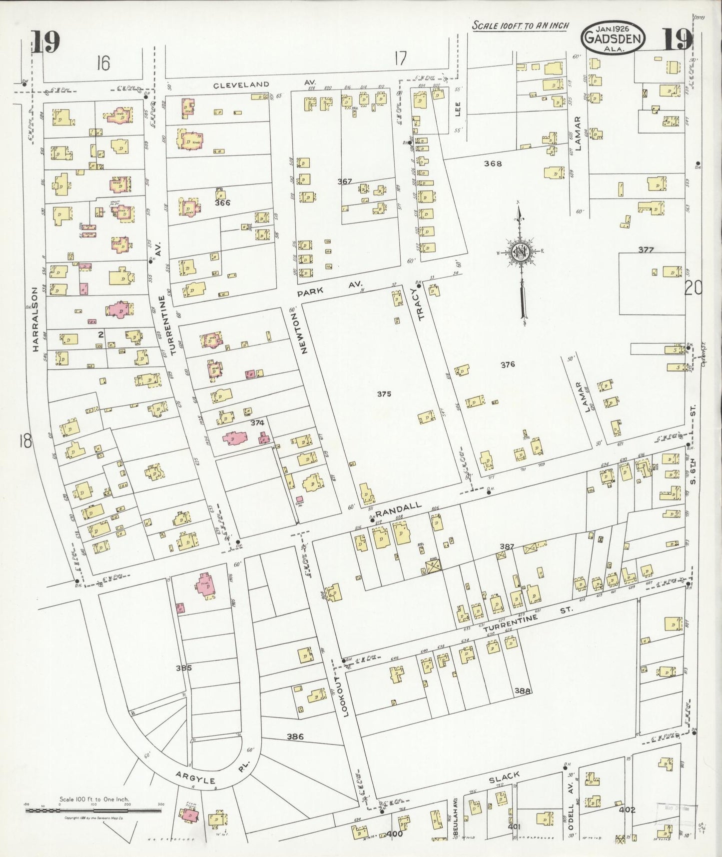 Sanborn Fire Insurance Map from Gadsden, Etowah County, Alabama (1926), Sheet #0019 - Complete Map Set gallery image, historic Sanborn map, vintage wall art, Alabama Alabama