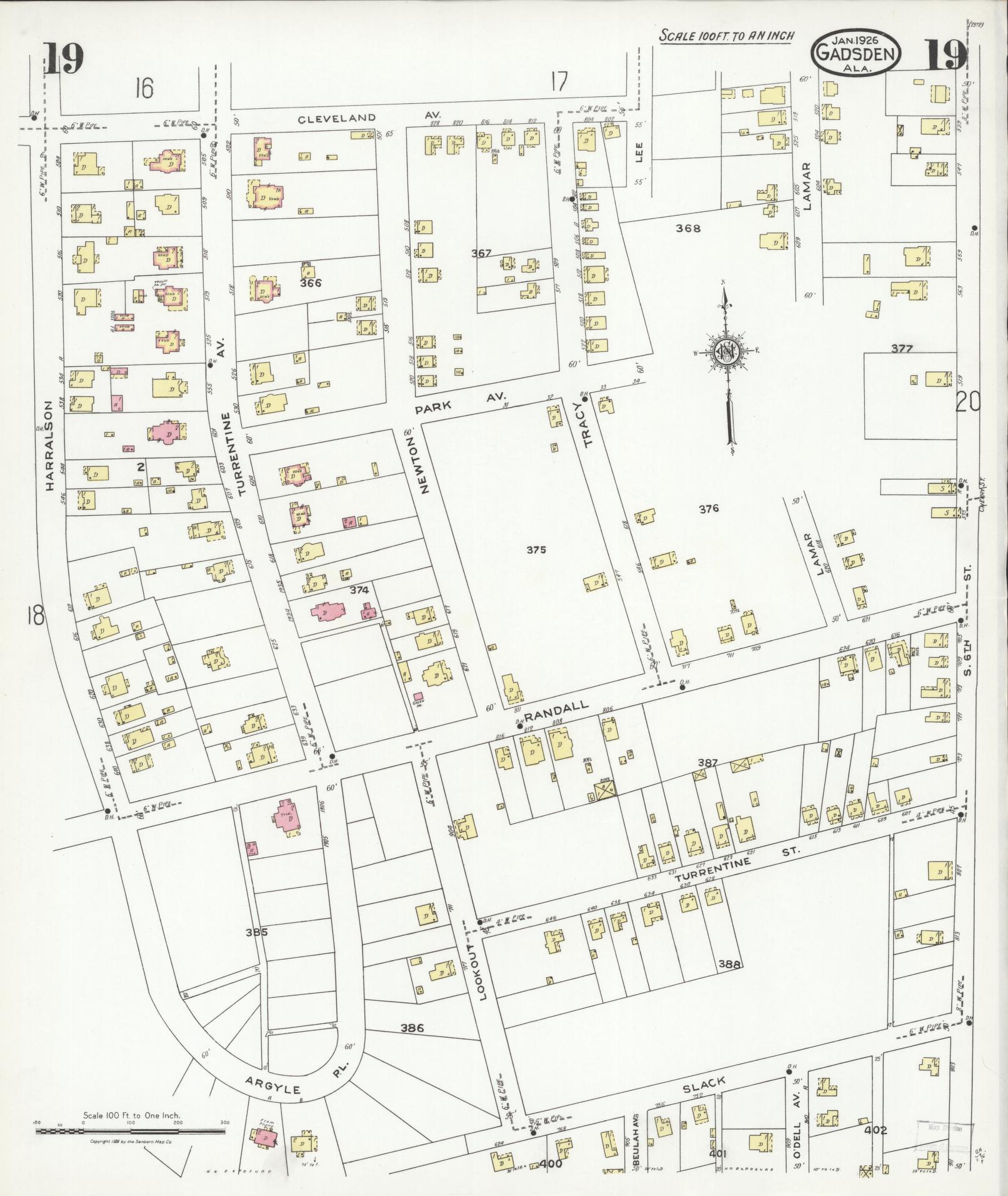 Sanborn Fire Insurance Map from Gadsden, Etowah County, Alabama (1926), Sheet #0019 - Complete Map Set gallery image, historic Sanborn map, vintage wall art, Alabama Alabama