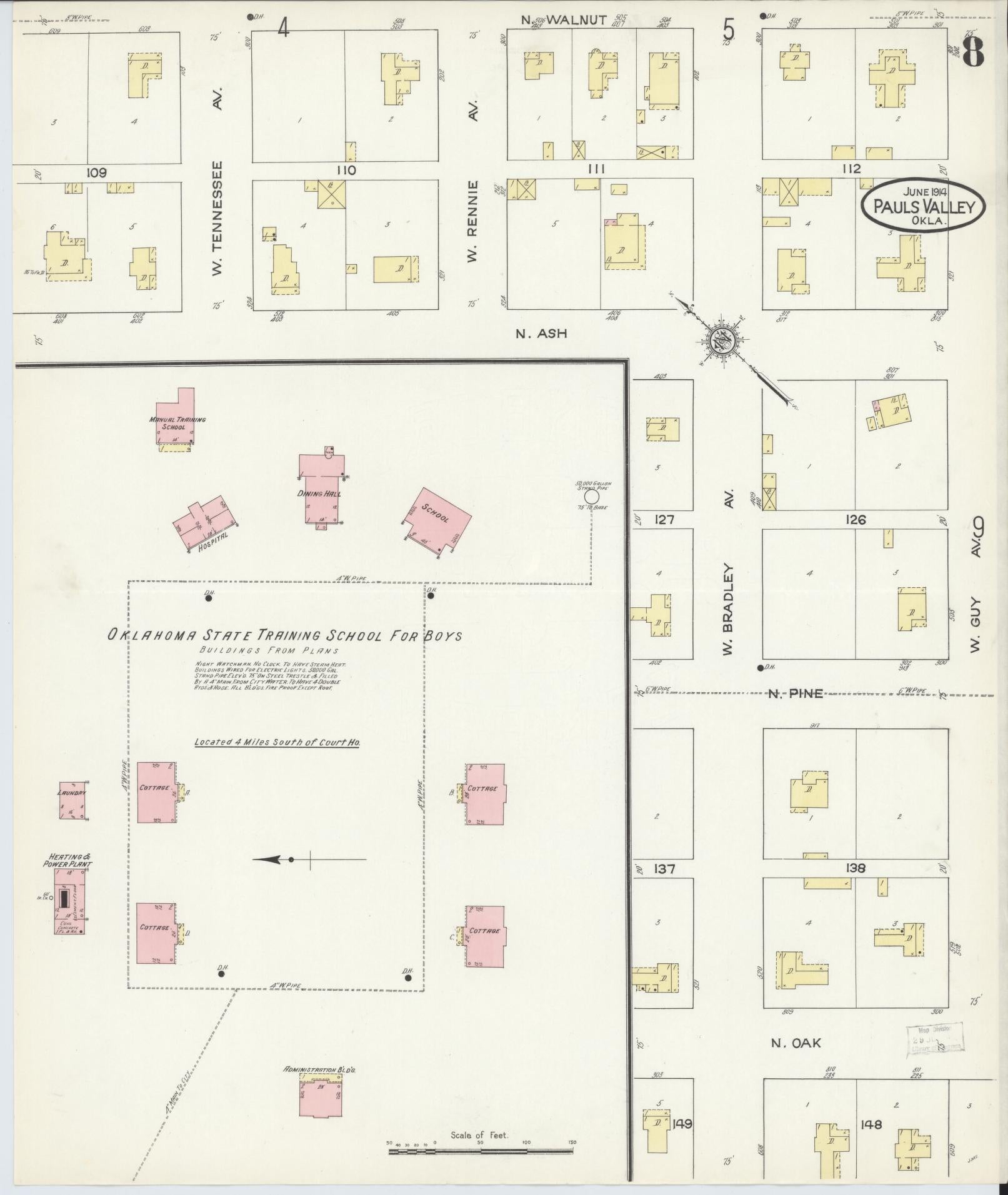 Sanborn Fire Insurance Map from Pauls Valley, Garvin County, Oklahoma (1914), Sheet #0008 - Complete Map Set gallery image, historic Sanborn map, vintage wall art, Oklahoma Oklahoma