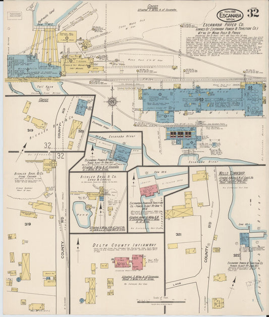 Sanborn Fire Insurance Map from Escanaba, Delta County, Michigan (1921), Sheet #0032 - Historic Sanborn Fire Insurance Map Print, vintage old map wall art, antique decor, genealogy gift, Michigan Michigan map