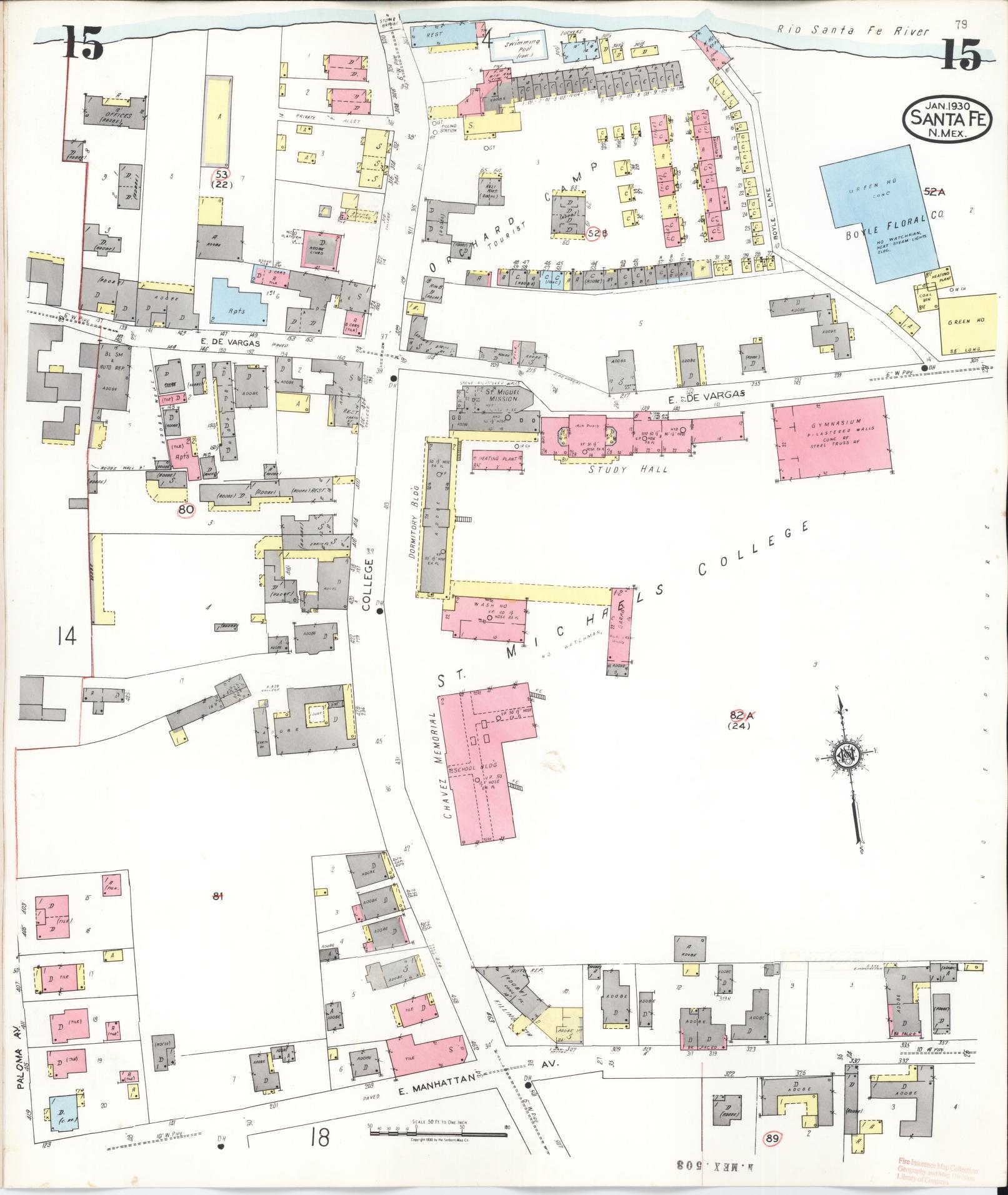 Sanborn Fire Insurance Map from Santa Fe, Santa Fe County, New Mexico (1948), Sheet #0015 - Historic Sanborn Fire Insurance Map Print, vintage old map wall art, antique decor, genealogy gift, New Mexico New Mexico map