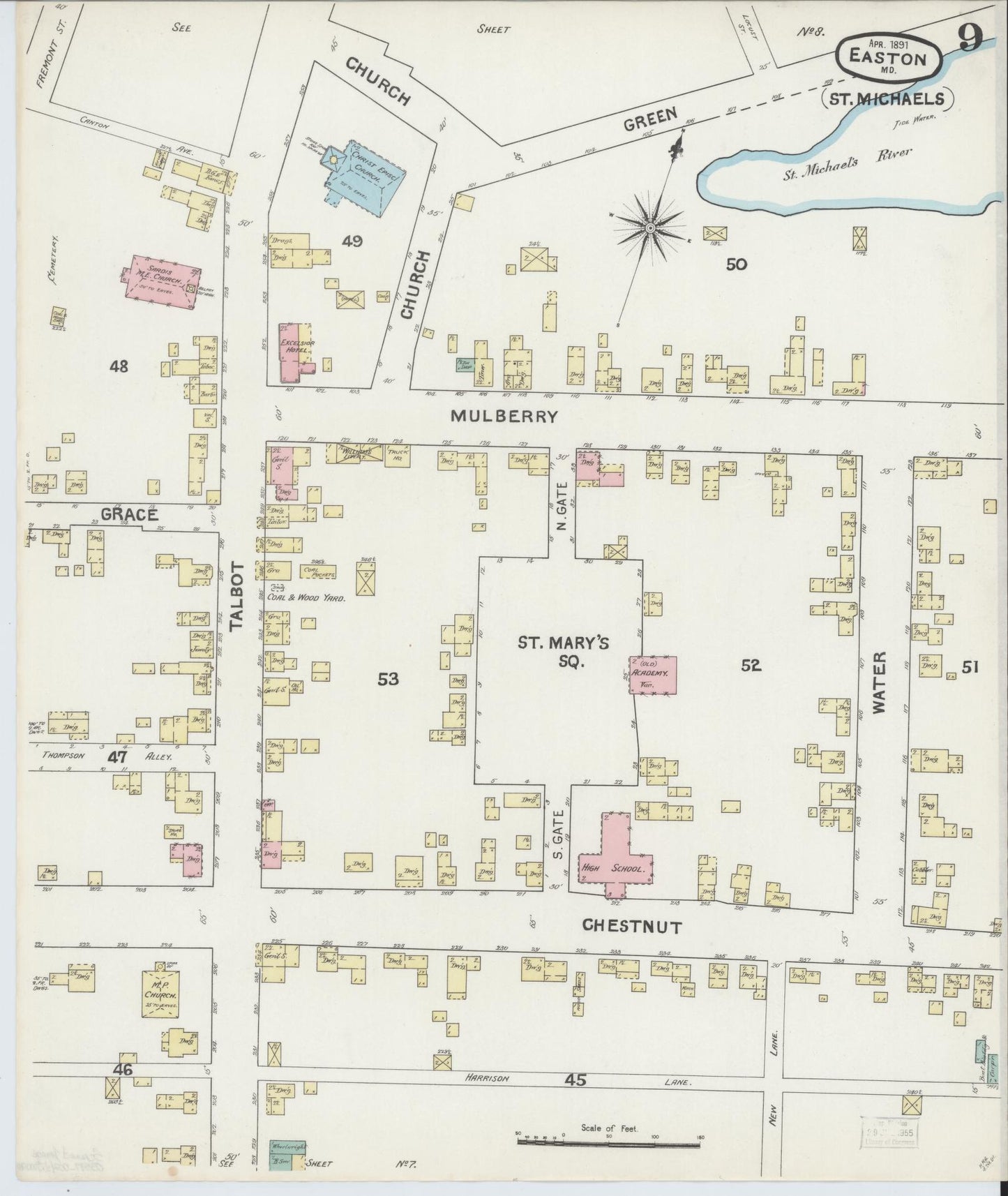 Sanborn Fire Insurance Map from Easton, Talbot County, Maryland (1891), Sheet #0009 - Historic Sanborn Fire Insurance Map Print, vintage old map wall art, antique decor, genealogy gift, Maryland Maryland map