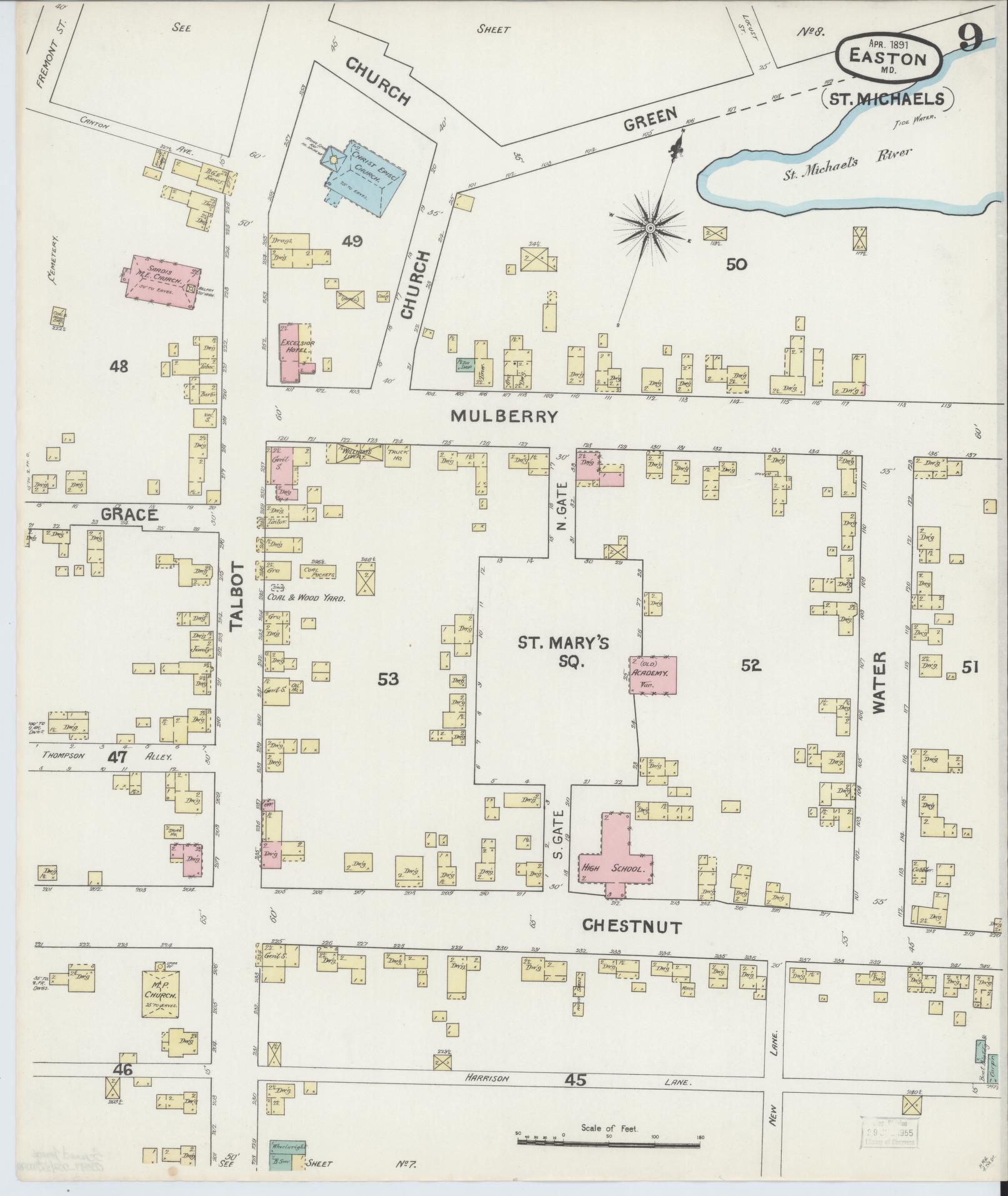 Sanborn Fire Insurance Map from Easton, Talbot County, Maryland (1891), Sheet #0009 - Historic Sanborn Fire Insurance Map Print, vintage old map wall art, antique decor, genealogy gift, Maryland Maryland map