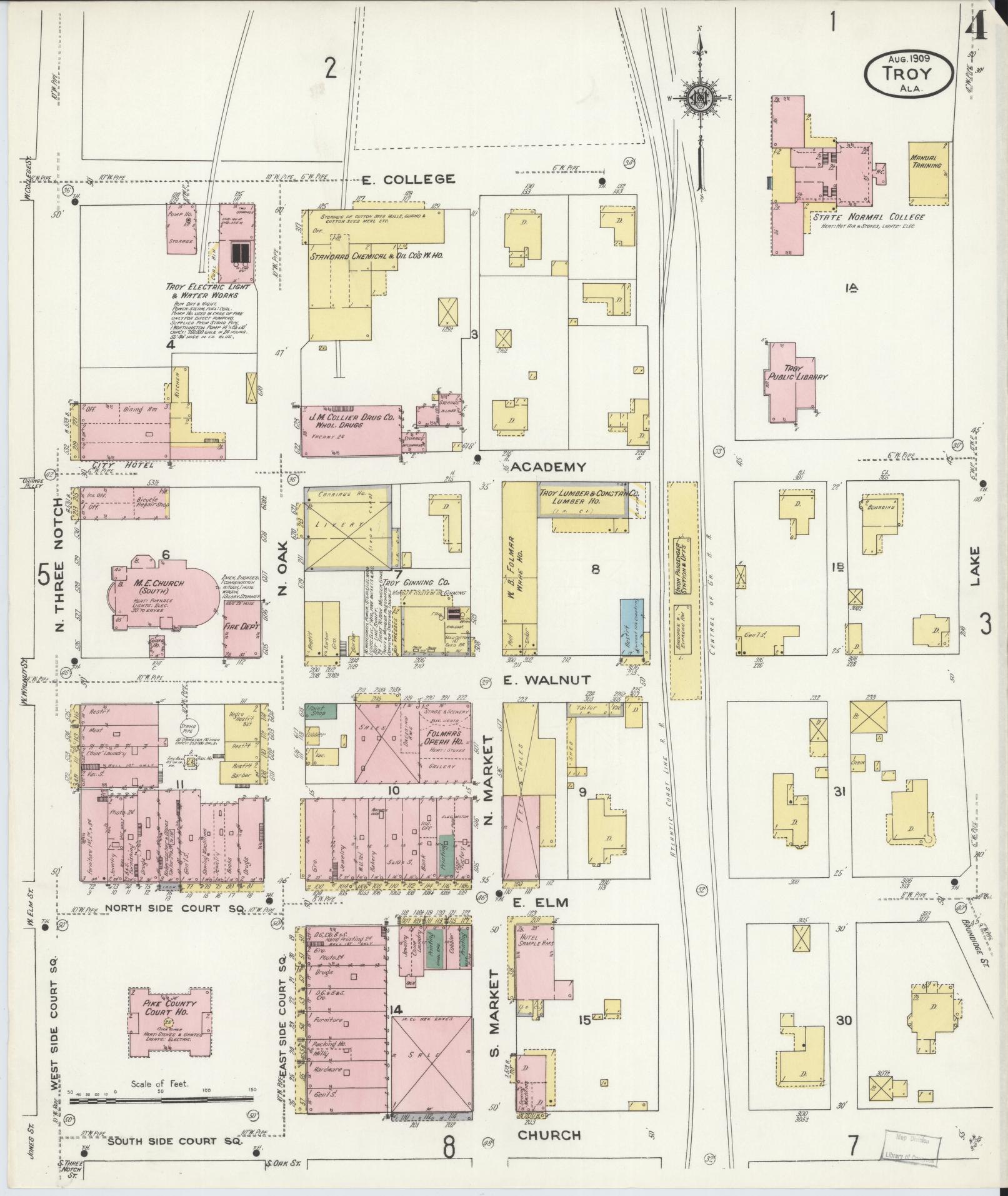 Sanborn Fire Insurance Map from Troy, Pike County, Alabama (1909), Sheet #0004 - Complete Map Set gallery image, historic Sanborn map, vintage wall art, Alabama Alabama