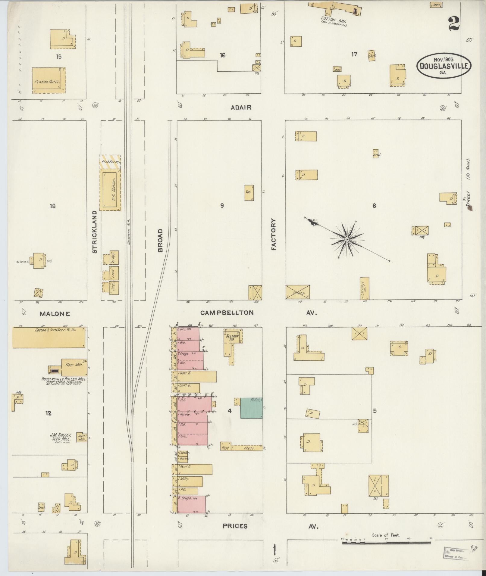 Sanborn Fire Insurance Map from Douglasville, Douglas County, Georgia (1905), Sheet #0002 - Complete Map Set gallery image, historic Sanborn map, vintage wall art, Georgia Georgia