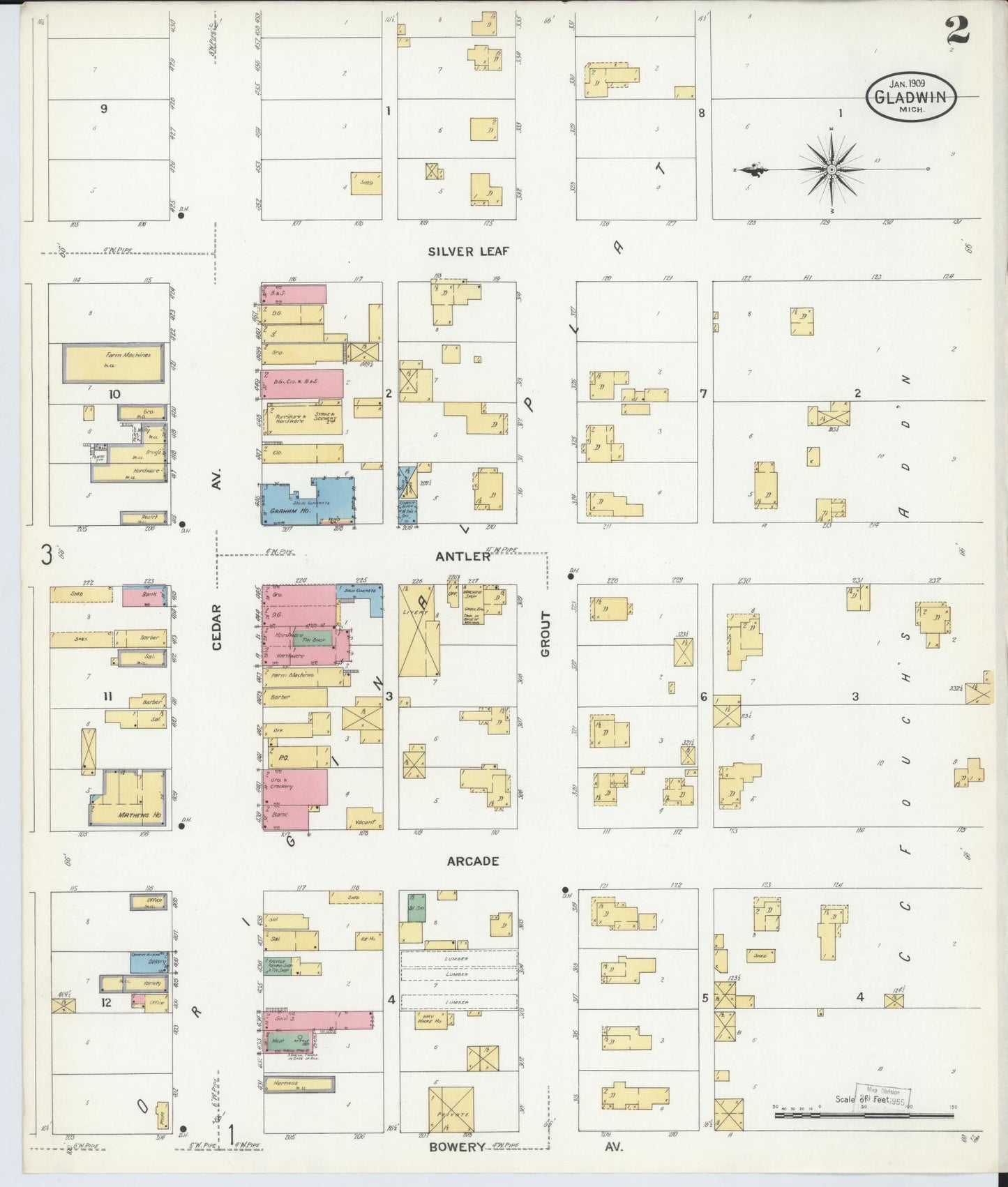 Sanborn Fire Insurance Map from Gladwin, Gladwin County, Michigan (1909), Sheet #0002 - Complete Map Set gallery image, historic Sanborn map, vintage wall art, Michigan Michigan