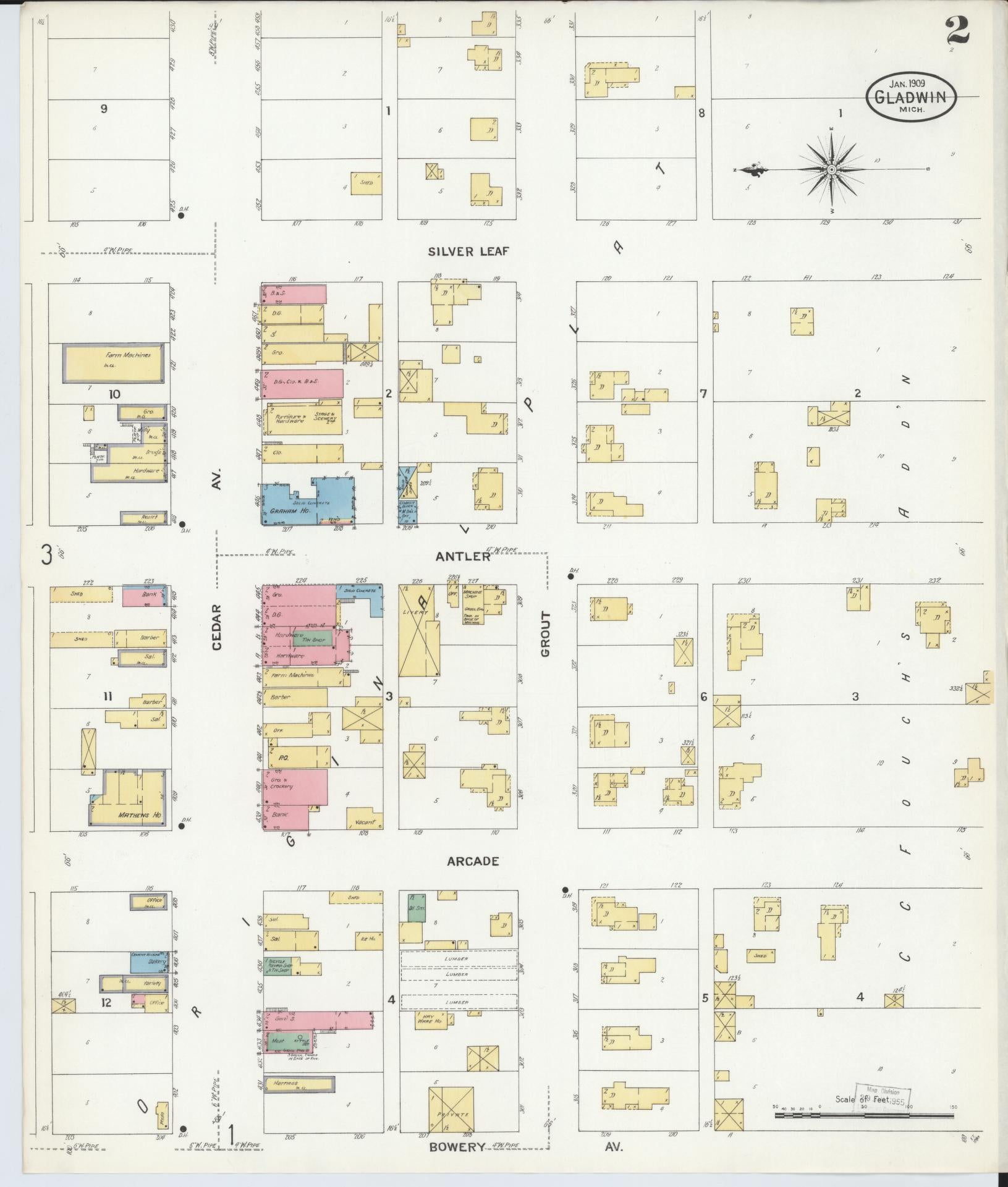 Sanborn Fire Insurance Map from Gladwin, Gladwin County, Michigan (1909), Sheet #0002 - Complete Map Set gallery image, historic Sanborn map, vintage wall art, Michigan Michigan