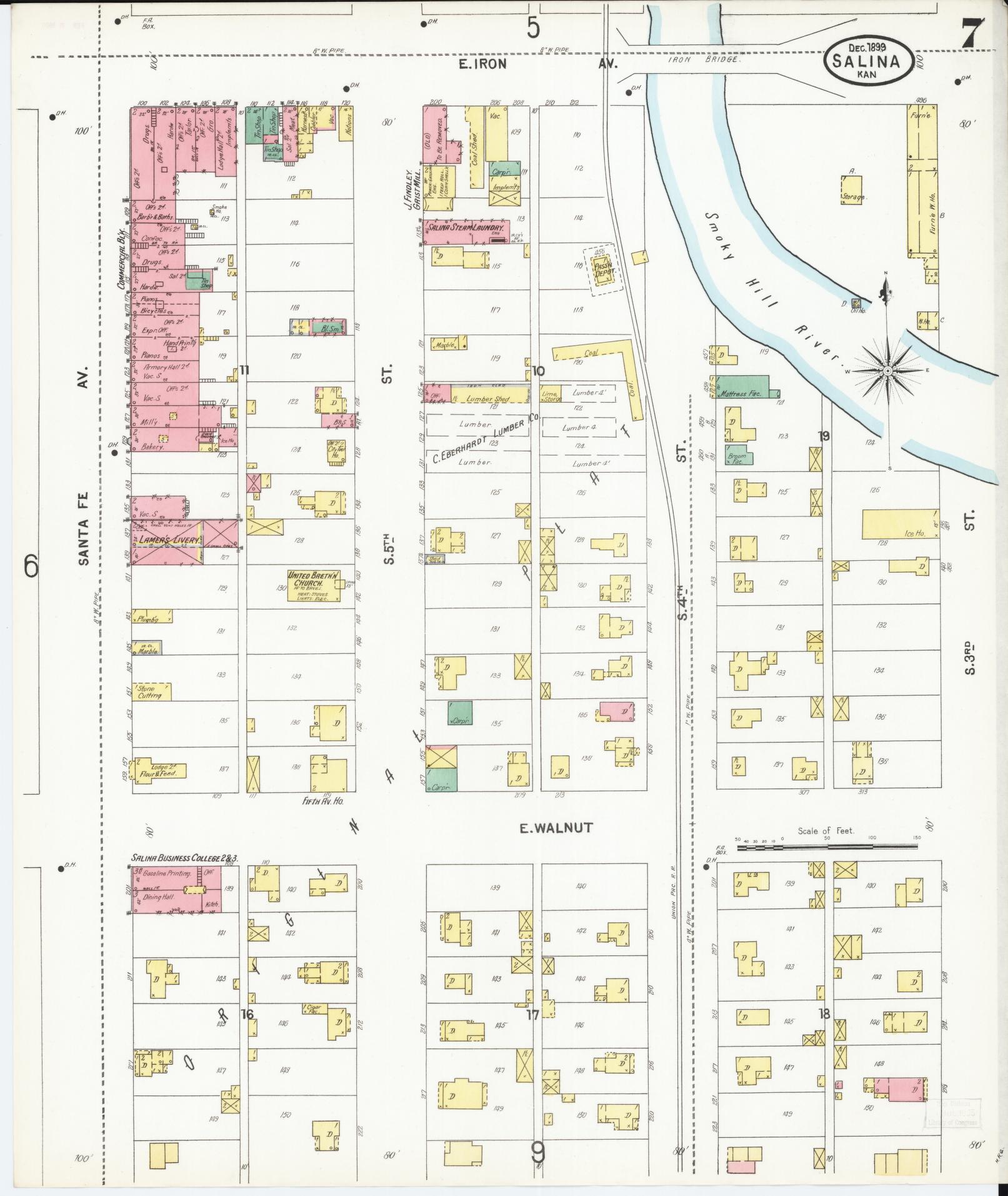 Sanborn Fire Insurance Map from Salina, Saline County, Kansas (1899), Sheet #0007 - Complete Map Set gallery image, historic Sanborn map, vintage wall art, Kansas Kansas