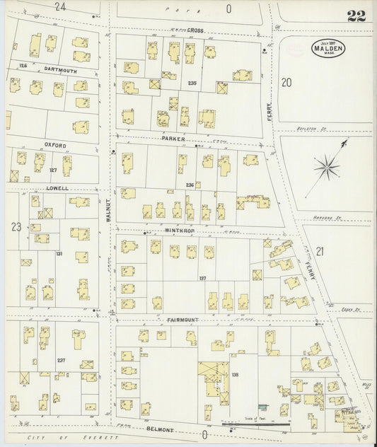 Sanborn Fire Insurance Map from Malden, Middlesex County, Massachusetts (1897), Sheet #0022 - Historic Sanborn Fire Insurance Map Print, vintage old map wall art, antique decor, genealogy gift, Massachusetts Massachusetts map