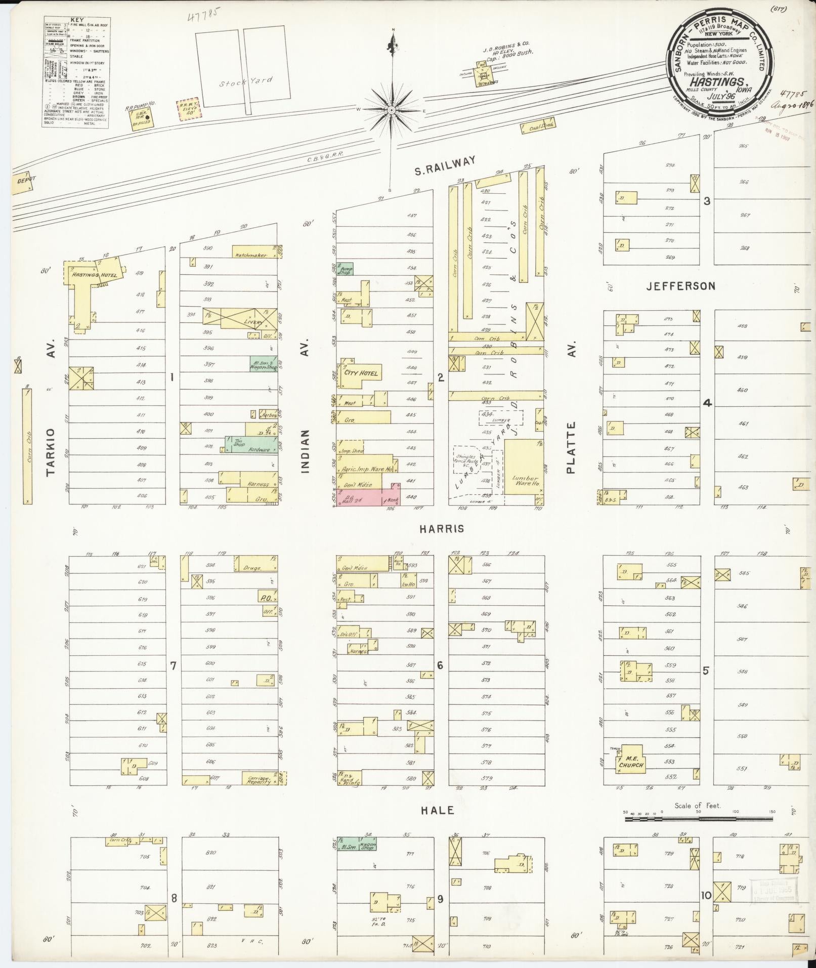 Sanborn Fire Insurance Map from Hastings, Mills County, Iowa (1896), Sheet #0001 - Historic Sanborn Fire Insurance Map Print, vintage old map wall art