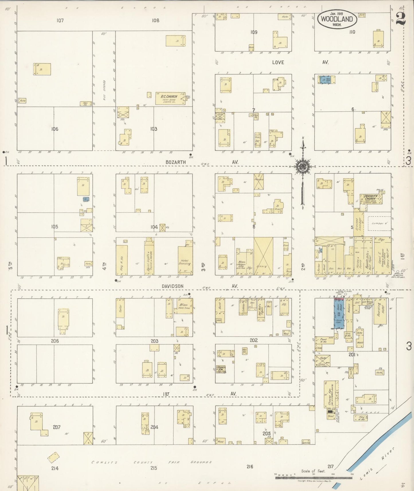 Sanborn Fire Insurance Map from Woodland, Cowlitz County, Washington (1919), Sheet #0002 - Complete Map Set gallery image, historic Sanborn map, vintage wall art, Washington Washington