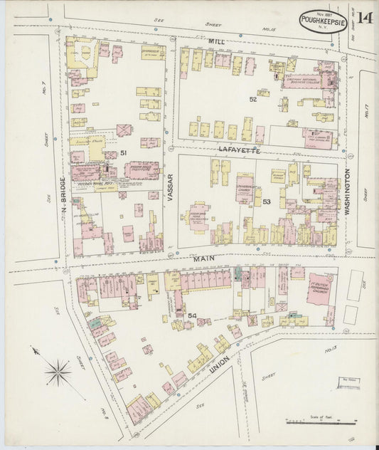Sanborn Fire Insurance Map from Poughkeepsie, Dutchess County, New York (1887), Sheet #0014 - Historic Sanborn Fire Insurance Map Print, vintage old map wall art, antique decor, genealogy gift, New York New York map