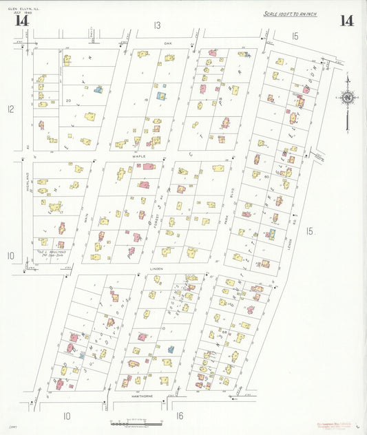 Sanborn Fire Insurance Map from Glen Ellyn, Du Page County, Illinois (1940), Sheet #0014 - Historic Sanborn Fire Insurance Map Print, vintage old map wall art, antique decor, genealogy gift, Illinois Illinois map