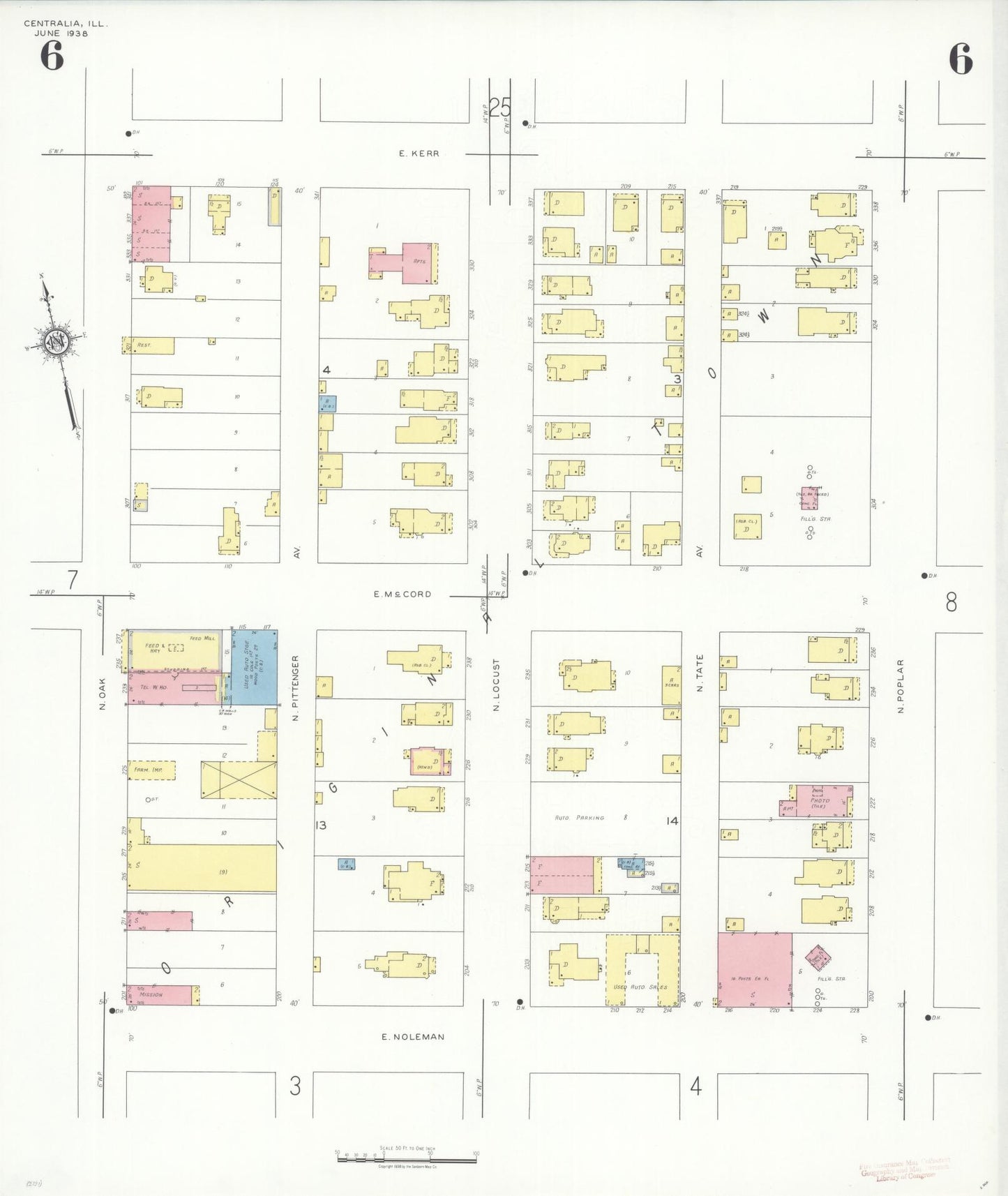 Sanborn Fire Insurance Map from Centralia, Marion, Clinton, Jefferson, and Washington Counties, Illinois (1938), Sheet #0006 - Historic Sanborn Fire Insurance Map Print, vintage old map wall art, antique decor, genealogy gift, Illinois Illinois map