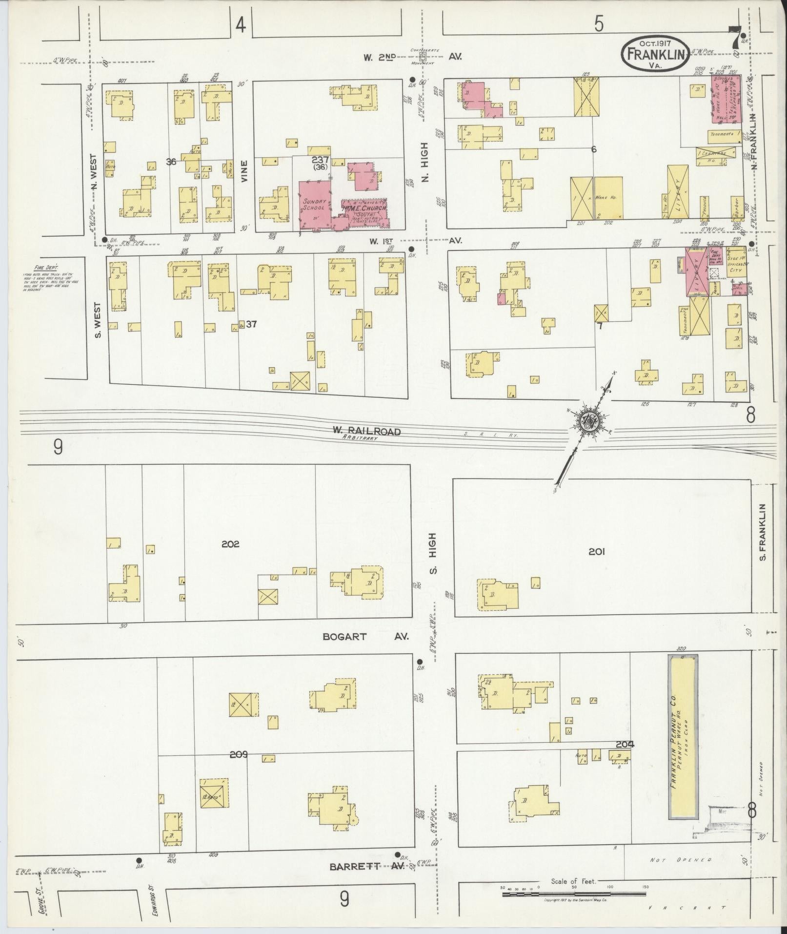 Sanborn Fire Insurance Map from Franklin, Independent Cities, Virginia (1917), Sheet #0007 - Complete Map Set gallery image, historic Sanborn map, vintage wall art, Virginia Virginia