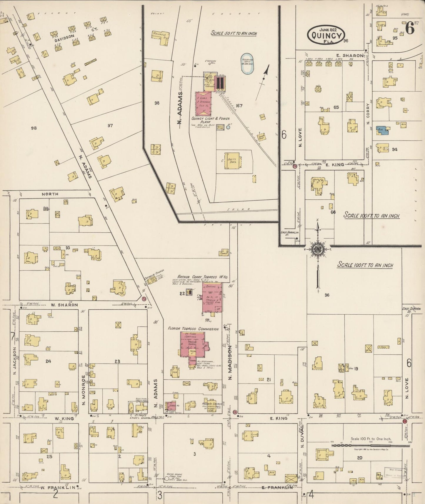 Sanborn Fire Insurance Map from Quincy, Gadsden County, Florida (1922), Sheet #0006 - Complete Map Set gallery image, historic Sanborn map, vintage wall art, Florida Florida
