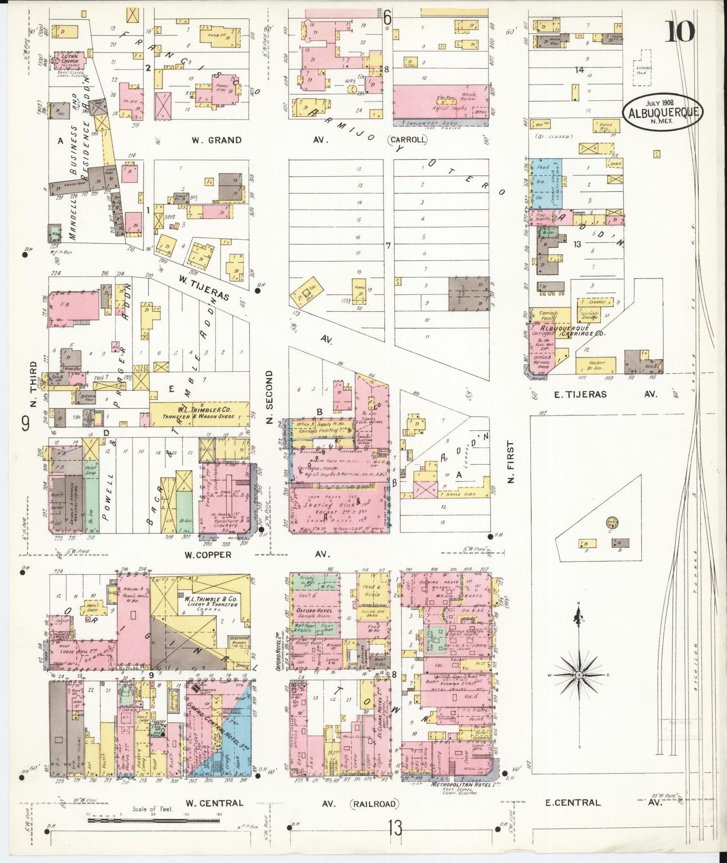 Sanborn Fire Insurance Map from Albuquerque, Bernalillo County, New Mexico (1908), Sheet #0010 - Historic Sanborn Fire Insurance Map Print, vintage old map wall art, antique decor, genealogy gift, New Mexico New Mexico map