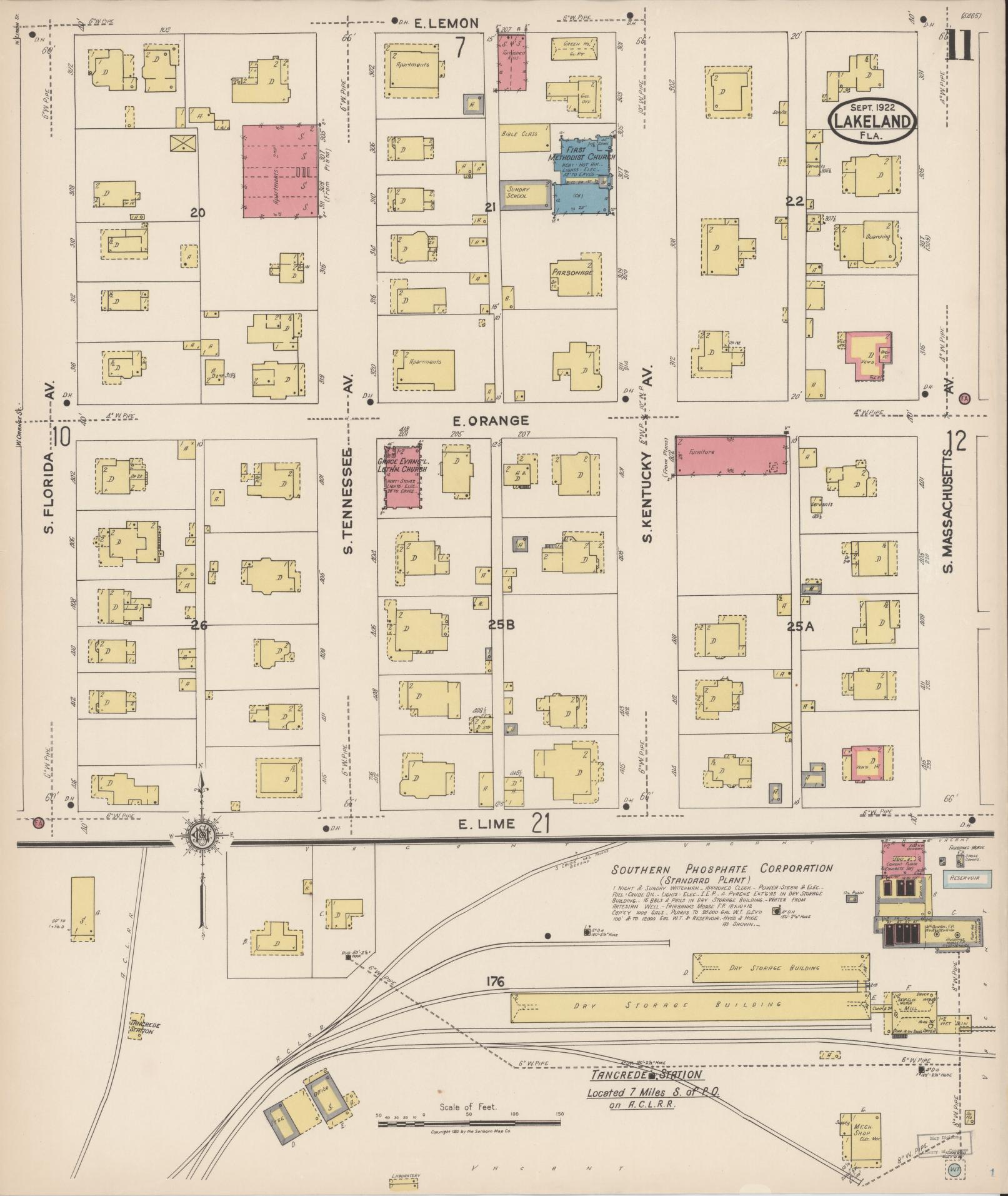 Sanborn Fire Insurance Map from Lakeland, Polk County, Florida (1922), Sheet #0011 - Complete Map Set gallery image, historic Sanborn map, vintage wall art, Florida Florida