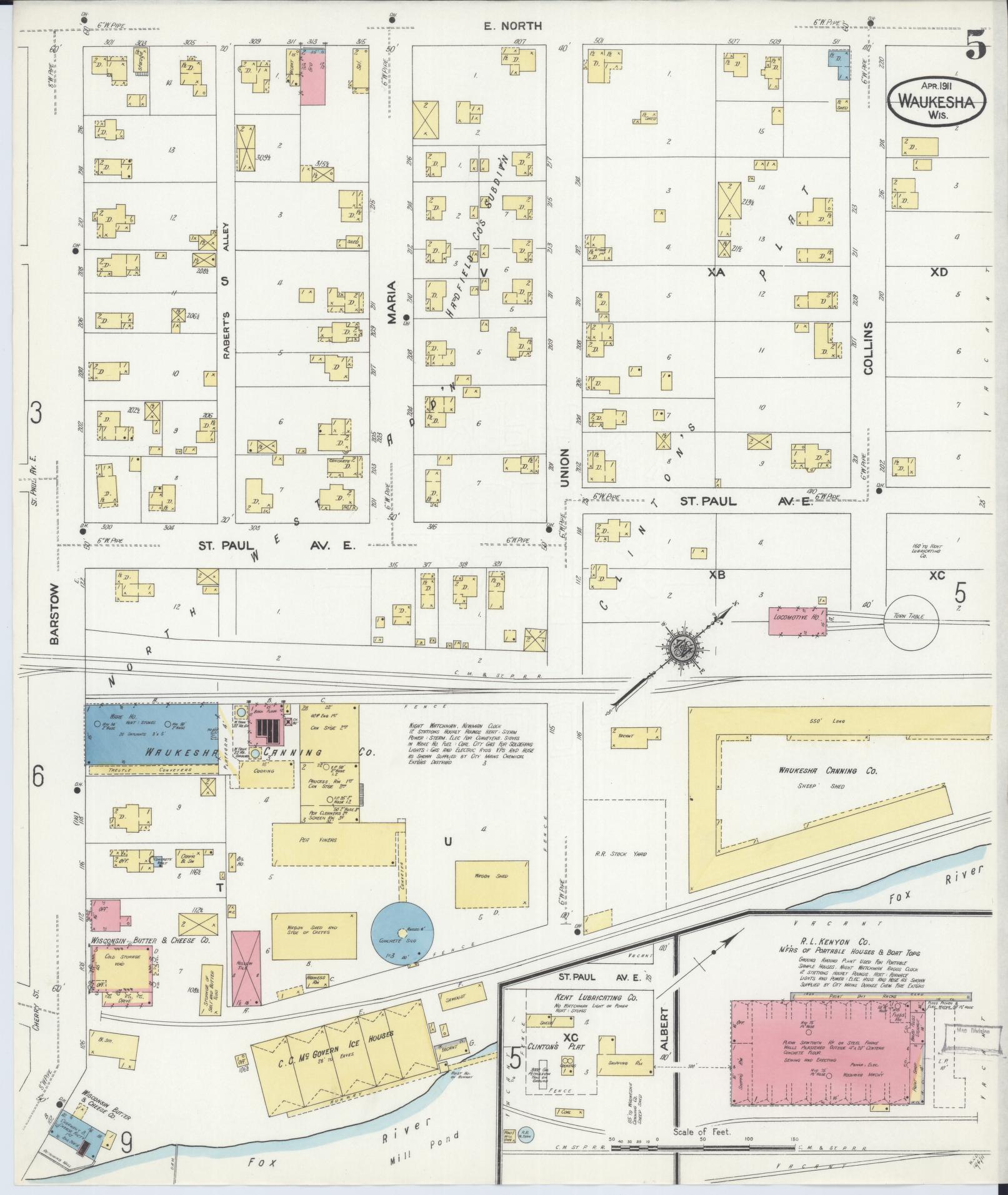 Sanborn Fire Insurance Map from Waukesha, Waukesha County, Wisconsin (1911), Sheet #0005 - Historic Sanborn Fire Insurance Map Print, vintage old map wall art, antique decor, genealogy gift, Wisconsin Wisconsin map