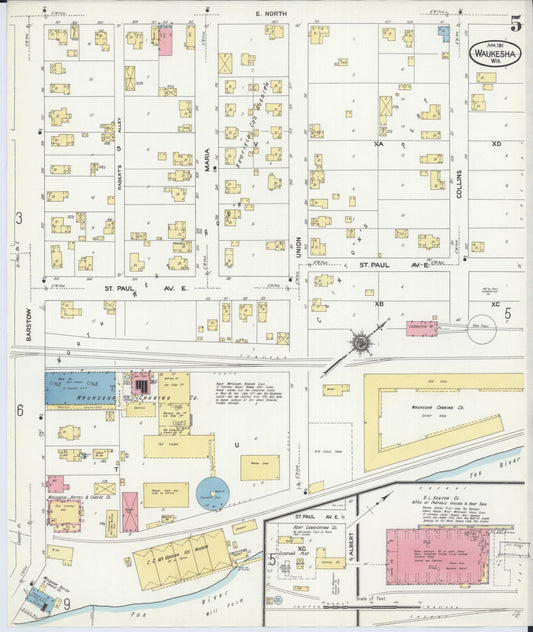 Sanborn Fire Insurance Map from Waukesha, Waukesha County, Wisconsin (1911), Sheet #0005 - Historic Sanborn Fire Insurance Map Print, vintage old map wall art, antique decor, genealogy gift, Wisconsin Wisconsin map