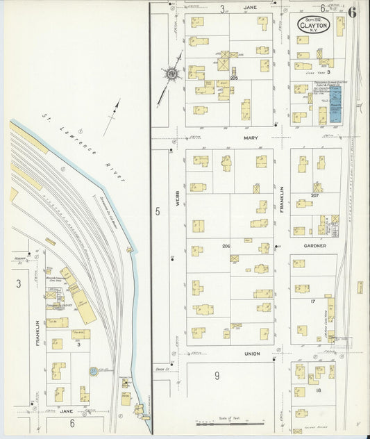 Sanborn Fire Insurance Map from Clayton, Jefferson County, New York (1912), Sheet #0006 - Historic Sanborn Fire Insurance Map Print, vintage old map wall art, antique decor, genealogy gift, New York New York map