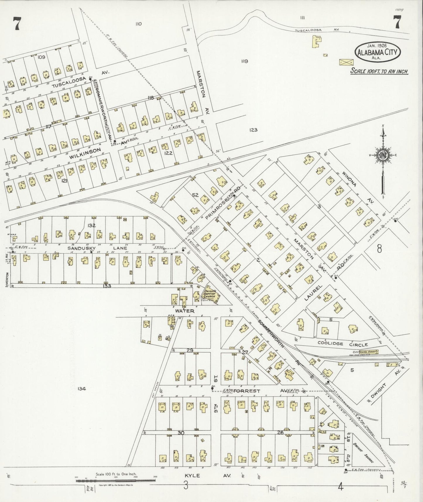 Sanborn Fire Insurance Map from Alabama City, Etowah County, Alabama (1926), Sheet #0007 - Complete Map Set gallery image, historic Sanborn map, vintage wall art, Alabama Alabama