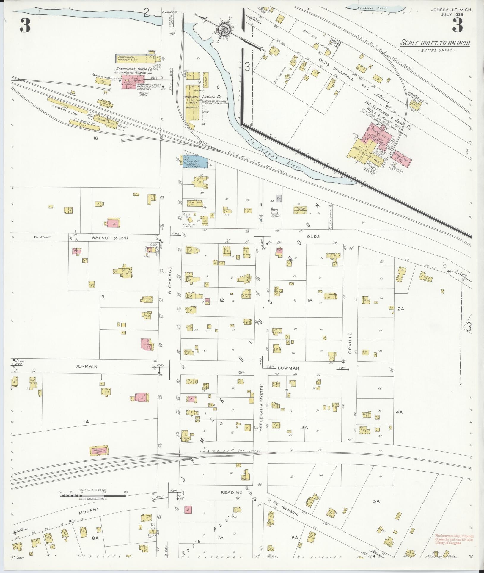 Sanborn Fire Insurance Map from Jonesville, Hillsdale County, Michigan (1938), Sheet #0003 - Complete Map Set gallery image, historic Sanborn map, vintage wall art, Michigan Michigan