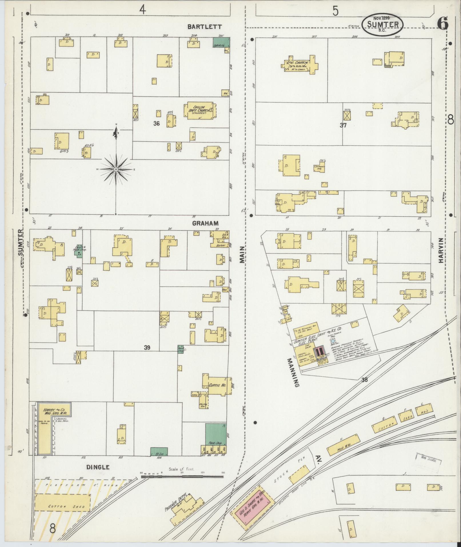 Sanborn Fire Insurance Map from Sumter, Sumter County, South Carolina (1899), Sheet #0006 - Historic Sanborn Fire Insurance Map Print, vintage old map wall art, antique decor, genealogy gift, South Carolina South Carolina map