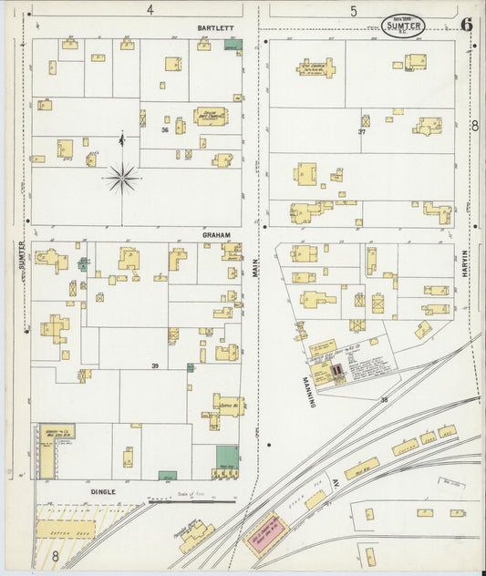 Sanborn Fire Insurance Map from Sumter, Sumter County, South Carolina (1899), Sheet #0006 - Historic Sanborn Fire Insurance Map Print, vintage old map wall art, antique decor, genealogy gift, South Carolina South Carolina map