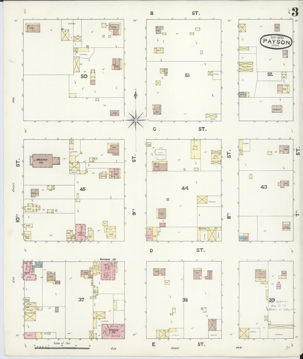 Sanborn Fire Insurance Map from Payson, Utah County, Utah (1890), Sheet #0003 - Historic Sanborn Fire Insurance Map Print, vintage old map wall art, antique decor, genealogy gift, Payson Utah map