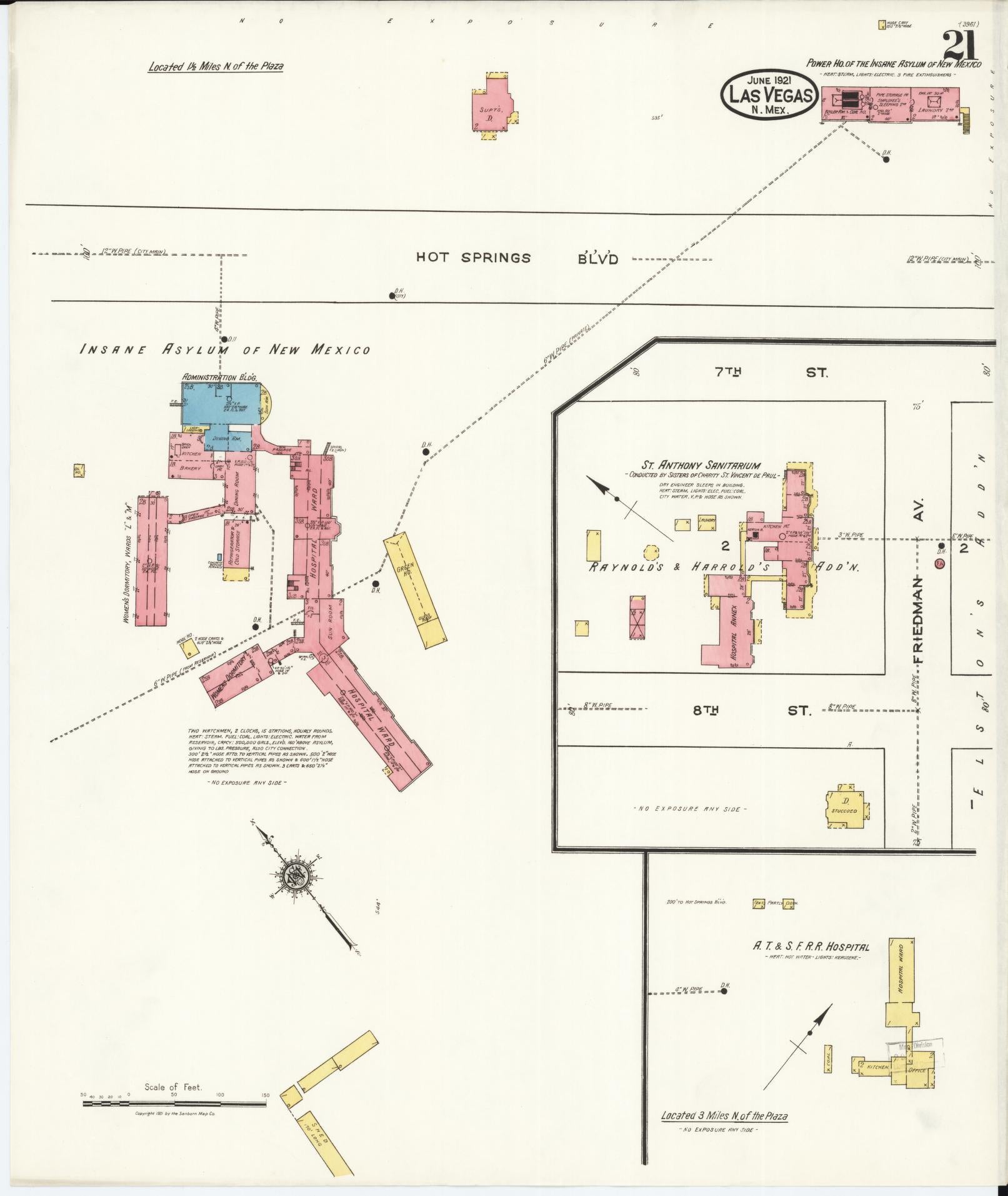 Sanborn Fire Insurance Map from Las Vegas, San Miguel County, New Mexico (1921), Sheet #0021 - Historic Sanborn Fire Insurance Map Print, vintage old map wall art, antique decor, genealogy gift, New Mexico New Mexico map