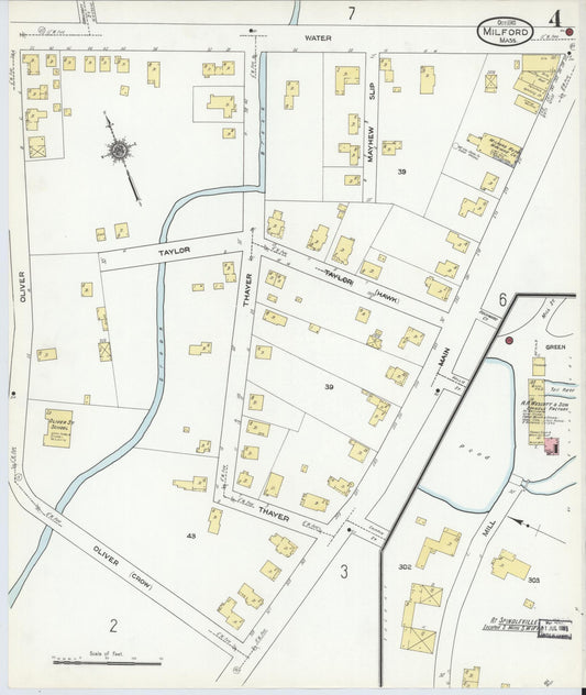 Sanborn Fire Insurance Map from Milford, Worcester County, Massachusetts (1910), Sheet #0004 - Historic Sanborn Fire Insurance Map Print, vintage old map wall art, antique decor, genealogy gift, Massachusetts Massachusetts map