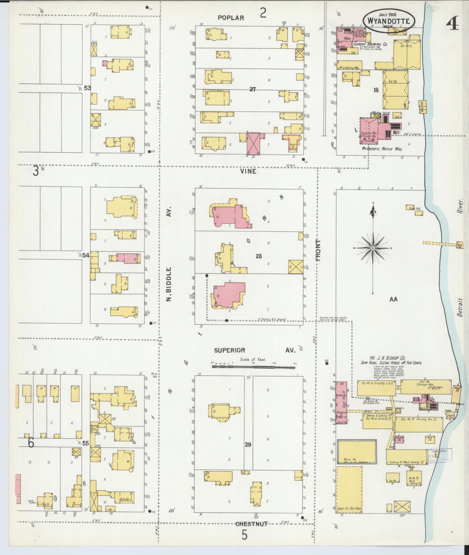 Sanborn Fire Insurance Map from Wyandotte, Wayne County, Michigan (1900), Sheet #0004 - Historic Sanborn Fire Insurance Map Print, vintage old map wall art, antique decor, genealogy gift, Michigan Michigan map