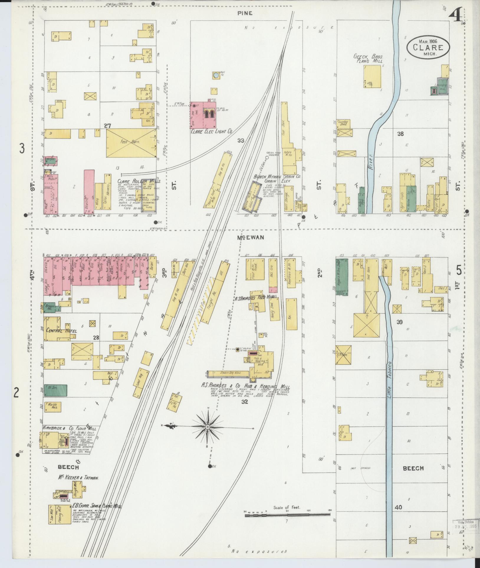 Sanborn Fire Insurance Map from Clare, Clare County, Michigan (1906), Sheet #0004 - Historic Sanborn Fire Insurance Map Print, vintage old map wall art, antique decor, genealogy gift, Michigan Michigan map