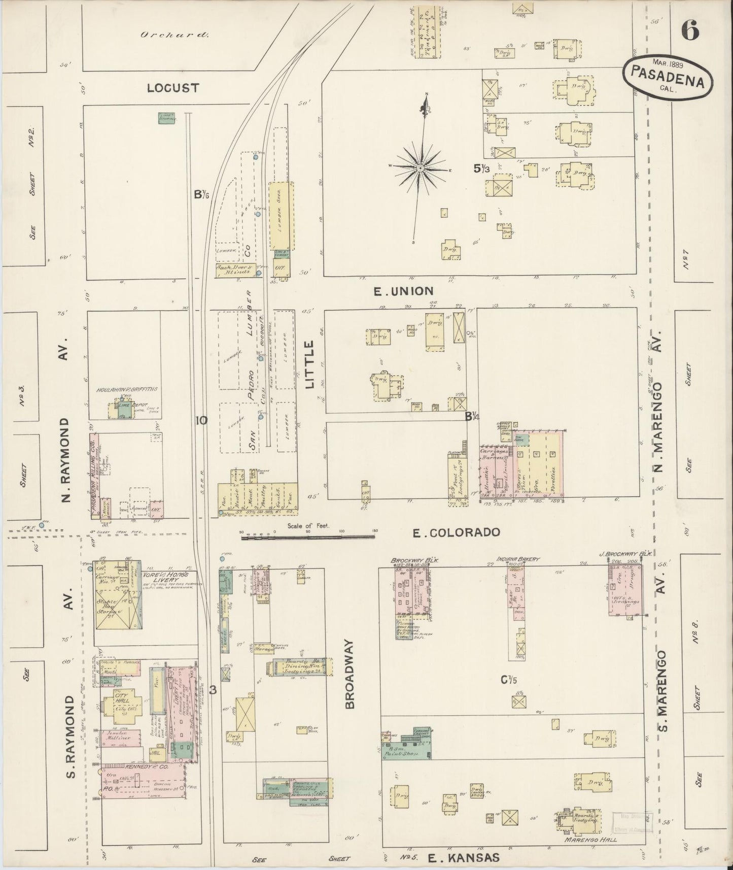 Sanborn Fire Insurance Map from Pasadena, Los Angeles County, California (1889), Sheet #0006 - Complete Map Set gallery image, historic Sanborn map, vintage wall art, California California