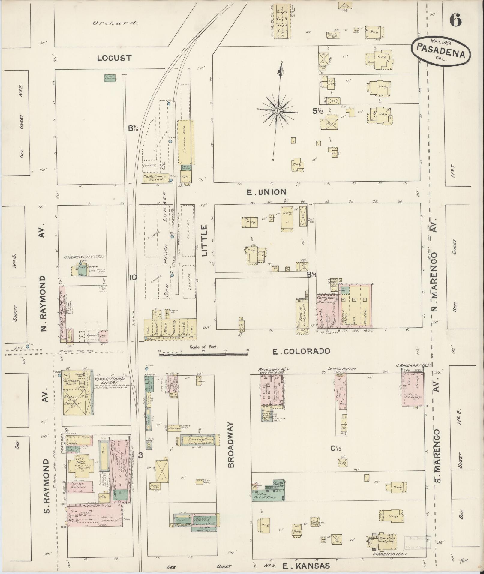 Sanborn Fire Insurance Map from Pasadena, Los Angeles County, California (1889), Sheet #0006 - Complete Map Set gallery image, historic Sanborn map, vintage wall art, California California