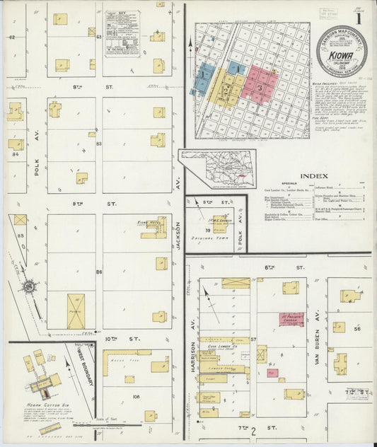 Sanborn Fire Insurance Map from Kiowa, Pittsburg County, Oklahoma (1918), Sheet #0001 - Historic Sanborn Fire Insurance Map Print, vintage old map wall art, antique decor, genealogy gift, Oklahoma Oklahoma map