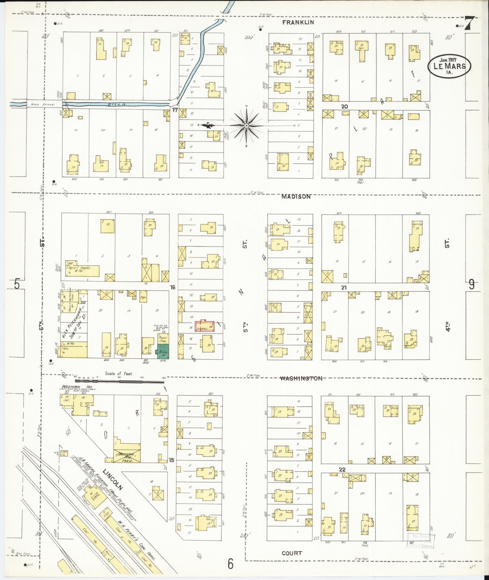 Sanborn Fire Insurance Map from Le Mars, Plymouth County, Iowa (1907), Sheet #0007 - Historic Sanborn Fire Insurance Map Print, vintage old map wall art