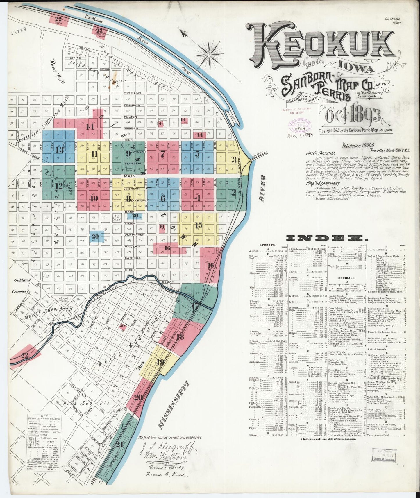 Sanborn Fire Insurance Map from Keokuk, Lee County, Iowa (1893), Sheet #0001 - Historic Sanborn Fire Insurance Map Print, vintage old map wall art