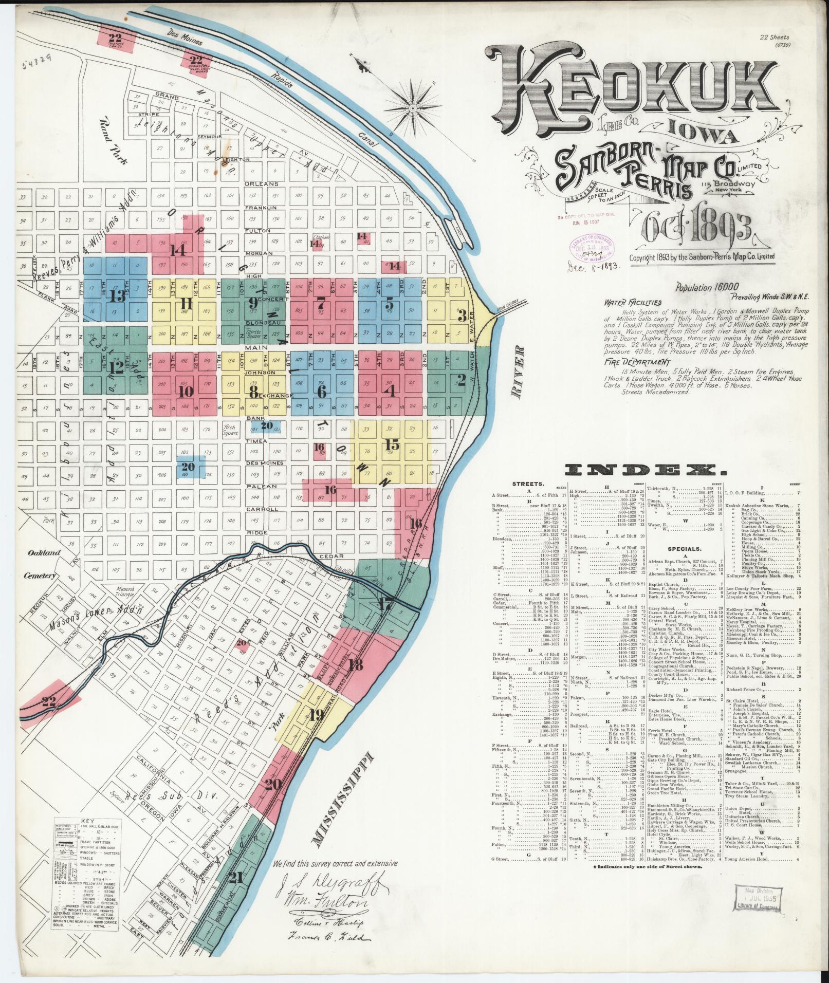 Sanborn Fire Insurance Map from Keokuk, Lee County, Iowa (1893), Sheet #0001 - Historic Sanborn Fire Insurance Map Print, vintage old map wall art