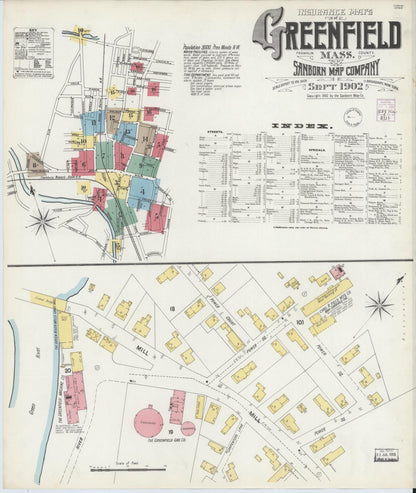 Sanborn Fire Insurance Map from Greenfield, Franklin County, Massachusetts (1902), Sheet #0001 - Historic Sanborn Fire Insurance Map Print, vintage old map wall art, antique decor, genealogy gift, Massachusetts Massachusetts map