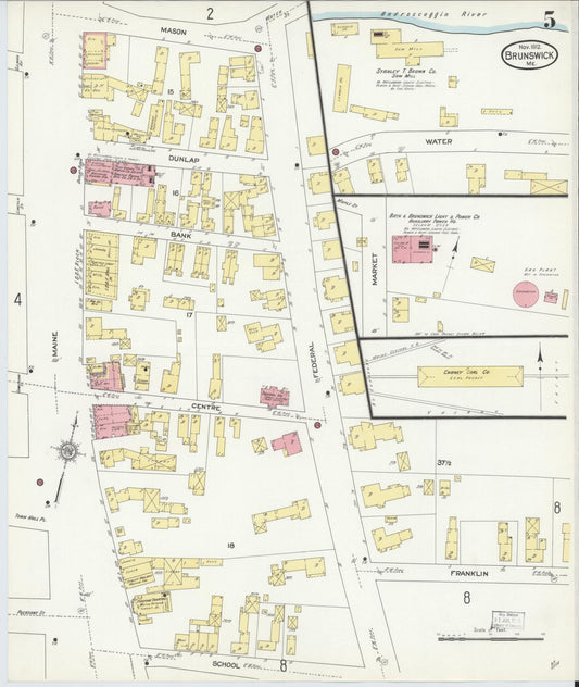 Sanborn Fire Insurance Map from Brunswick, Cumberland County, Maine (1912), Sheet #0005 - Historic Sanborn Fire Insurance Map Print, vintage old map wall art, antique decor, genealogy gift, Maine Maine map